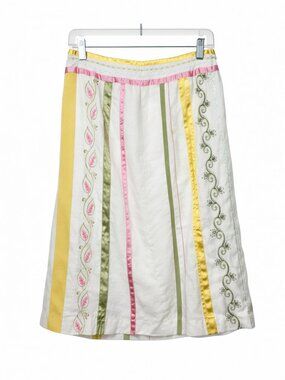 Jillian Jones Ivory Linen Skirt w/Yellow, Pink & Lime Ribbon, Floral Embroidery